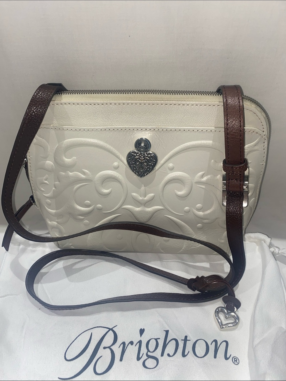 Brighton Cream Embossed Heart Crossbody with Brown Strap